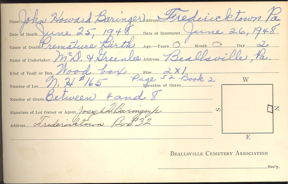 John Howard Baringer burial card